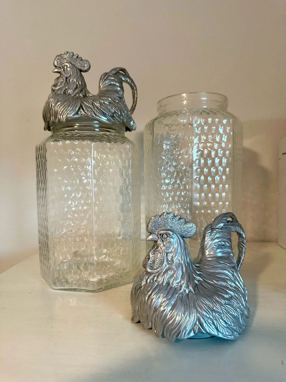Vintage 2002 RARE Arthur Court Rooster Lids Glass Canisters - Set of 2
